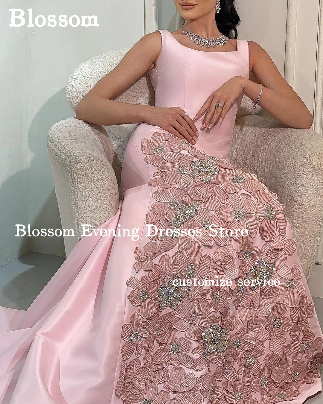 Square Neck Sleeveless Evening Dresses For Prom Pleated Floral Appliques Sparkly Wedding Party Gown Bridal فساتين مناسبة رسمية