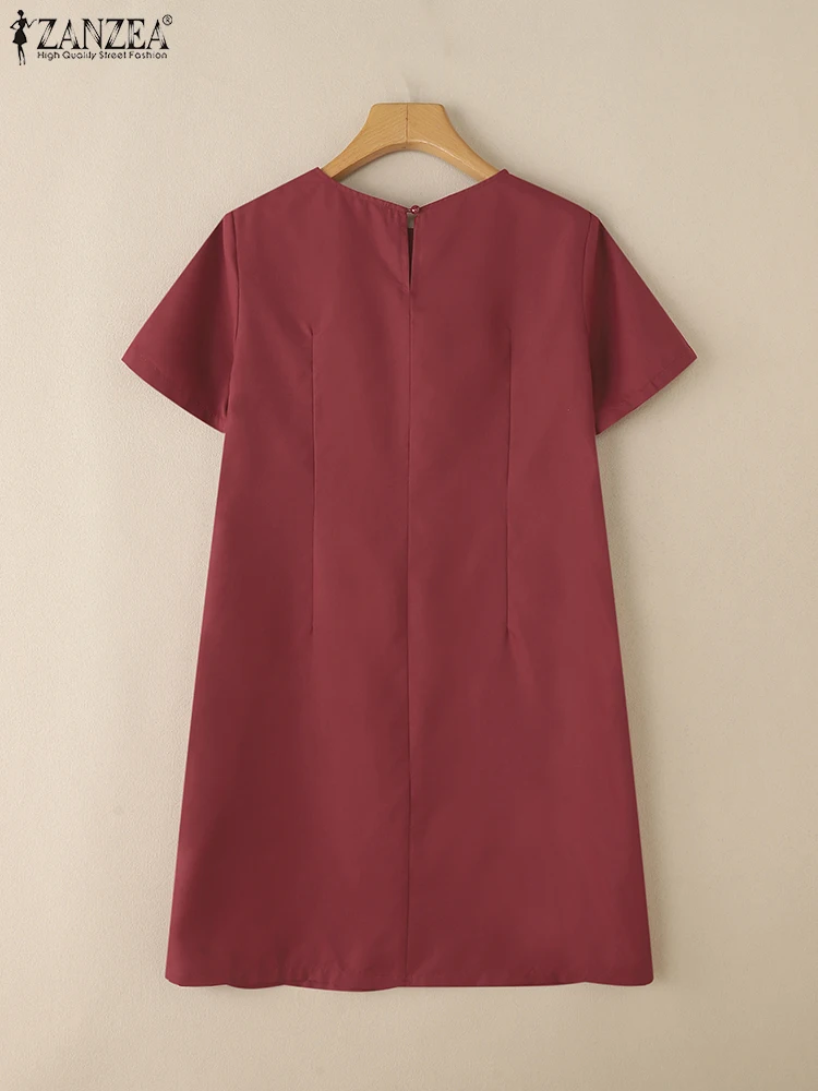 ZANZEA Womens Commuting Solid Vestidos Casual O-Neck Summer Short Sleeve T-Shirt Dresses Embroidered Knee-Length Robes Femme