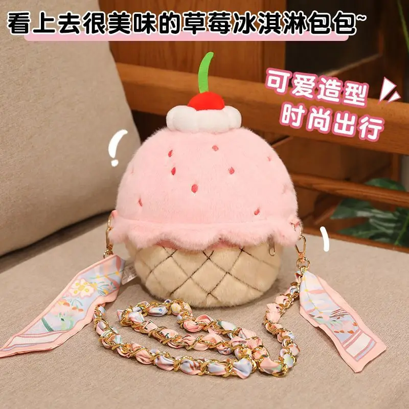 Pink Cherry White beige Kawaii Strawberry Ice Cream Cupcake Plush Plaid Crossbody Bag Cute Furry Shoulder bags Purse For Girls