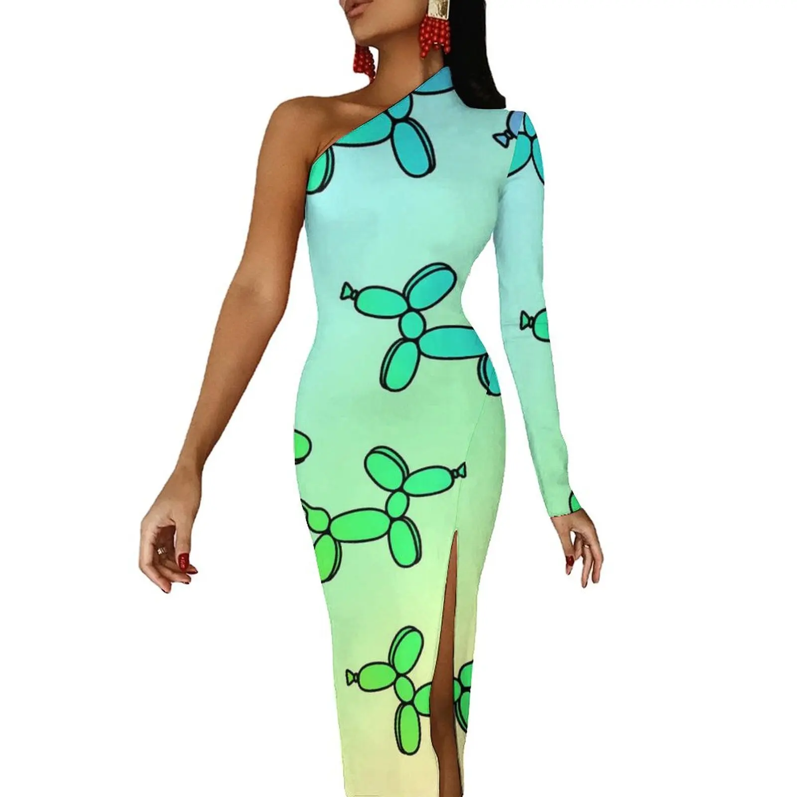 

Rainbow Balloon Dogs Long Dress Female Animal Street Style Maxi Dress Spring Vintage Bodycon Dresses Side Split Custom Clothes