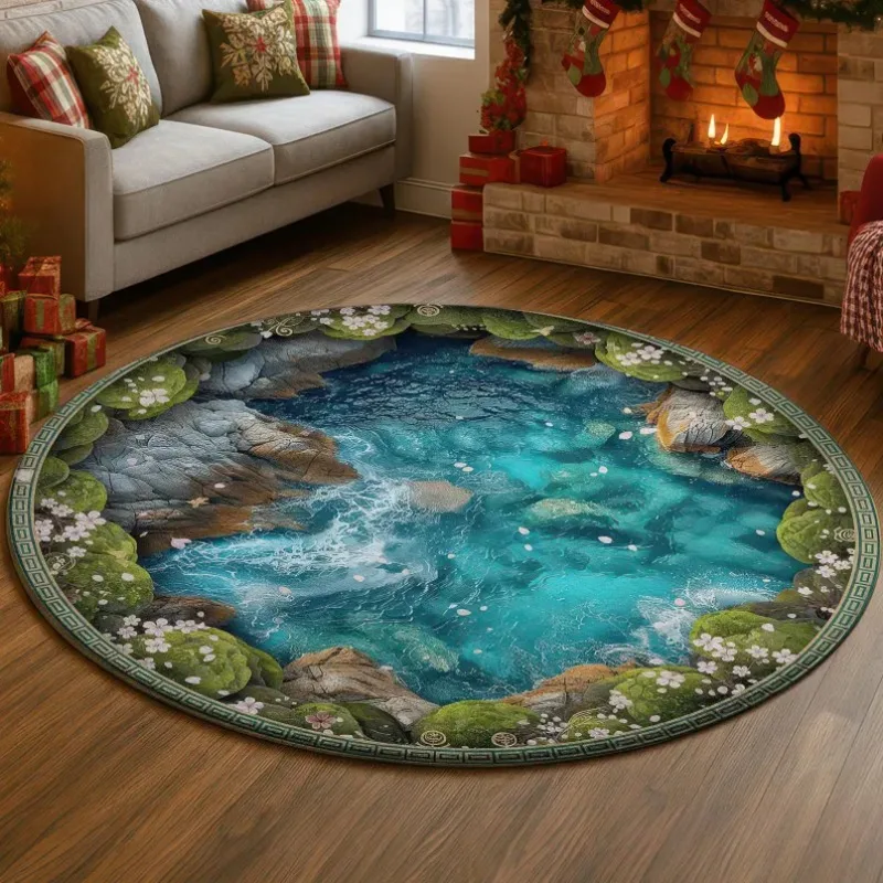 2D Visual Illusion Pool Hole Round Carpet Underwater Ruins Design Fake Hole Effect Area Rug for Living Room Bedroom Holiday
