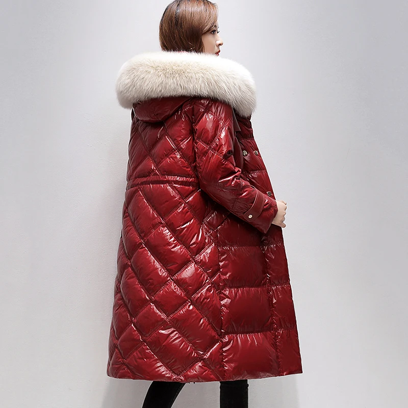 New Glossy Down Jacket Women's Winter Coat Hooded Fox Hair Collar Parker Overcoat Female Loose Long 90% White Duck Outerwear