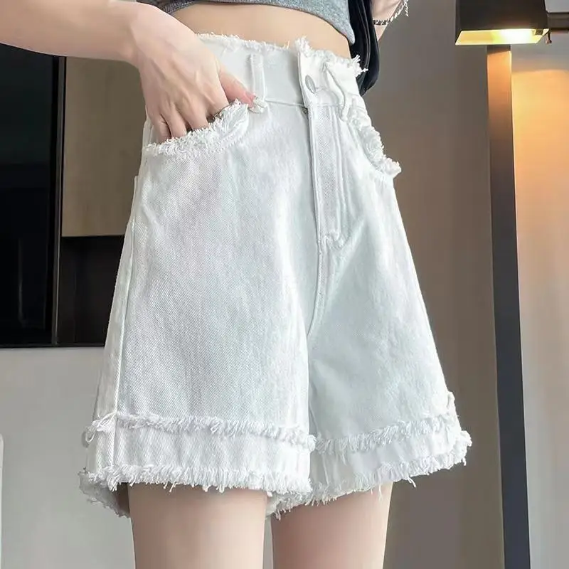 White Denim Shorts for Women, Plus Size A-line, High-waisted, Loose, Slim, Short, Raw Edge, Wide-legged, Five-point Pants