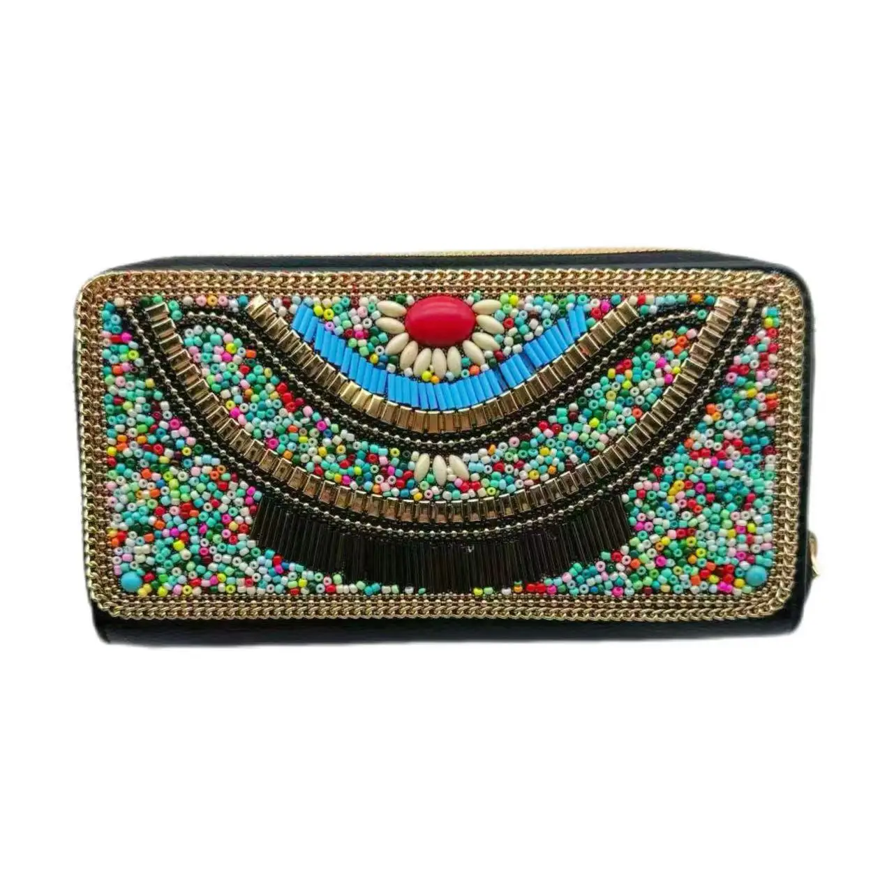 

Measle Handmade full bead embroidery bead necklace wallet Rainbow color pop art geometric pattern Black border shape bohemian