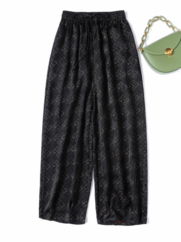 Breathable Cool 100% Natural Mulberry Silk Jacquard Gambiered Guangdong Gauze Elastic Waist Women's Loose Fashion Harun Pants