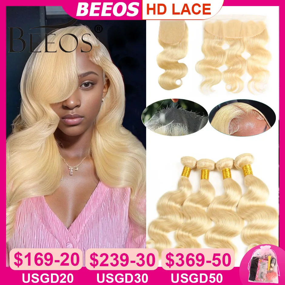 

BEEOS 613 Blonde Human Hair Bundles With Closure Hair Extensions 5x5 HD Lace Closure 13x6 HD Frontal 13x4 Double Drawn Virgin