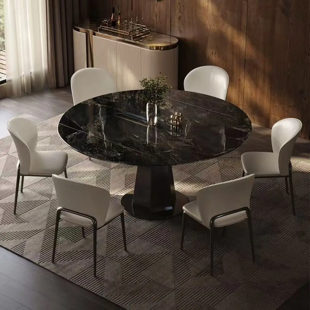 Small apartment microcrystalline stone square and round dual-purpose telescopic rotating dining table and chairs household dinin