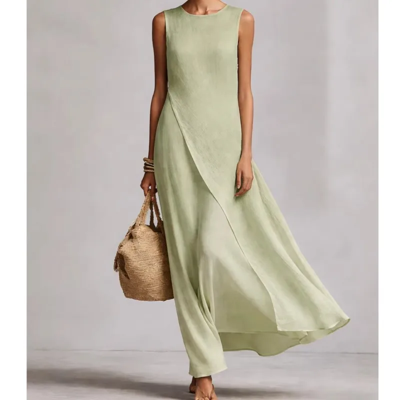 Woman's Summer Casual Solid Color Dress Fashion O-neck Loose Sleeveless A-line Dresses Ladies' Elegant Chic Vacation Vestidos