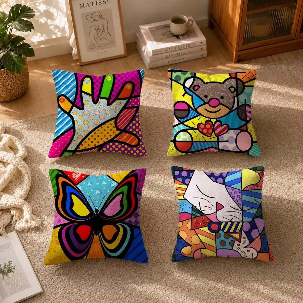 ART‑Romero Britto Cushion Cover Soft Short Plush Zippered Cushion Covers 40/45/50cm Square Decor for Sofa Home
