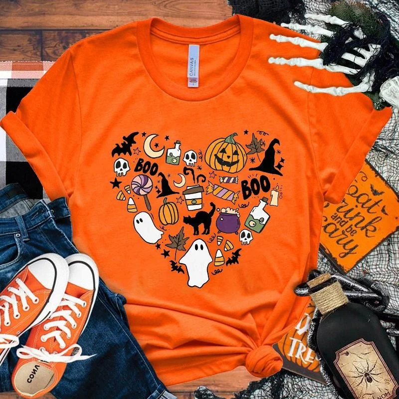 Women's Halloween Costume Boo Pumpkin Love T-shirt Men's and Women's T-shirt Role Playing Costume Street Wear T-shirt Top