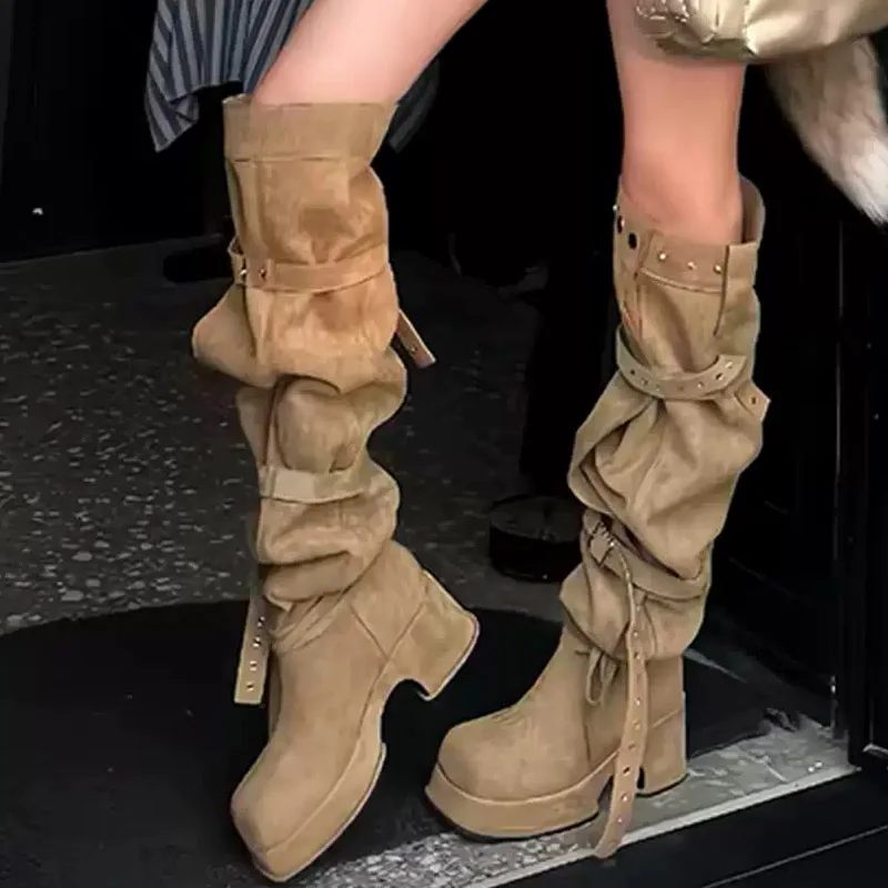 Aneikeh Winter Over‑the‑Knee Boots Platform Chunky Block Heel Boots Rivet Strap Buckle Boots Fashion Streetwear Ladies Shoes