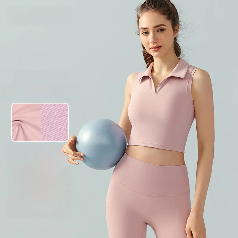 

European And American Style Women's Personalized Lapel Sports Vest Slim Fit Casual Fitness Top with Chest Pad