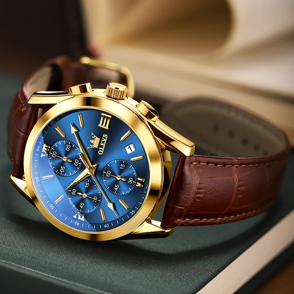 Olevs chronograph quarz herren uhren top luxusmarke goldblau wasserdicht sport uhr leder geschenk relogio masculino