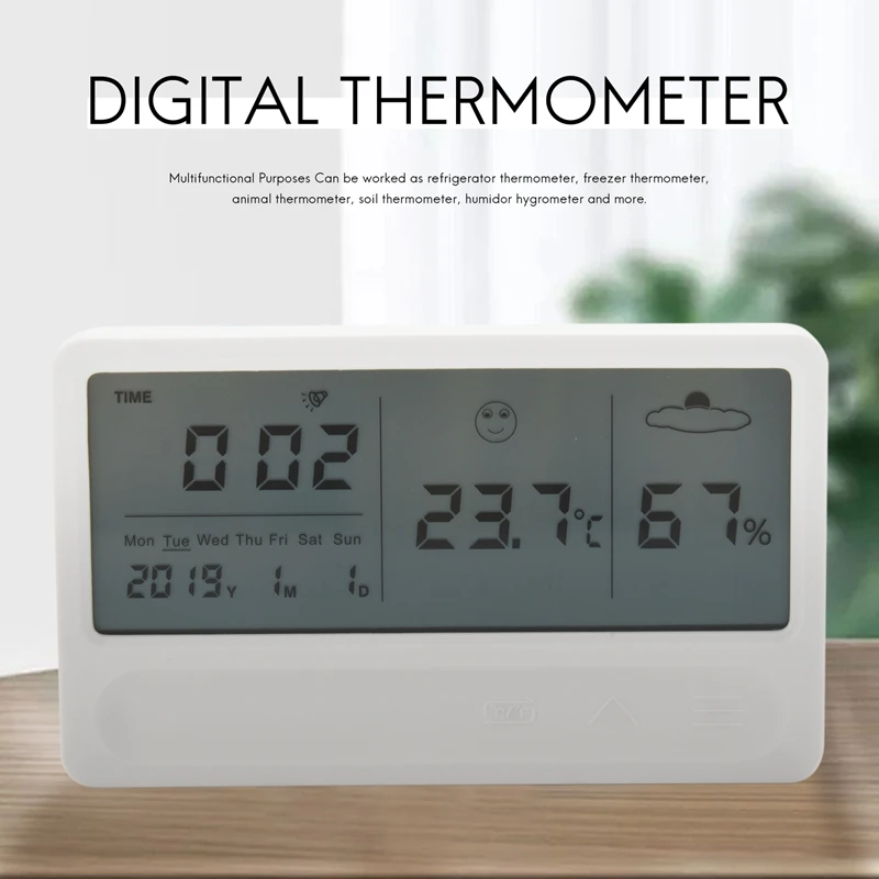 Higrómetro Digital para interiores y exteriores, medidor de temperatura y humedad, soporte LCD, Monitor de Sensor de respaldo magnético con zumbido