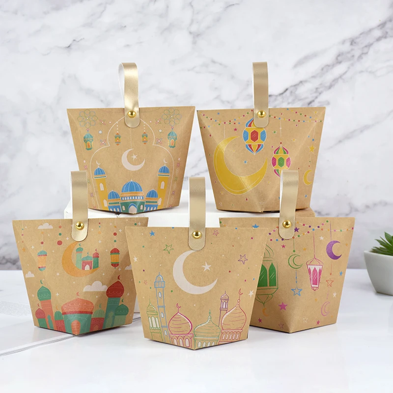 5pcs Eid Mubarak Favor Boxes Ramadan Kareem Treat Candy Gift Packaging Box Muslim Islamic Festival Party Favors Deocr Supplies