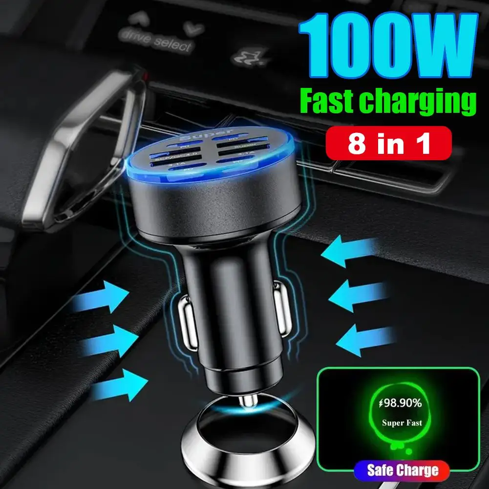 100W 8Ports Car Charger Fast Charging PD QC3.0 Type C Car Phone Charger Type C Adapter in Car For iPhone J9P1