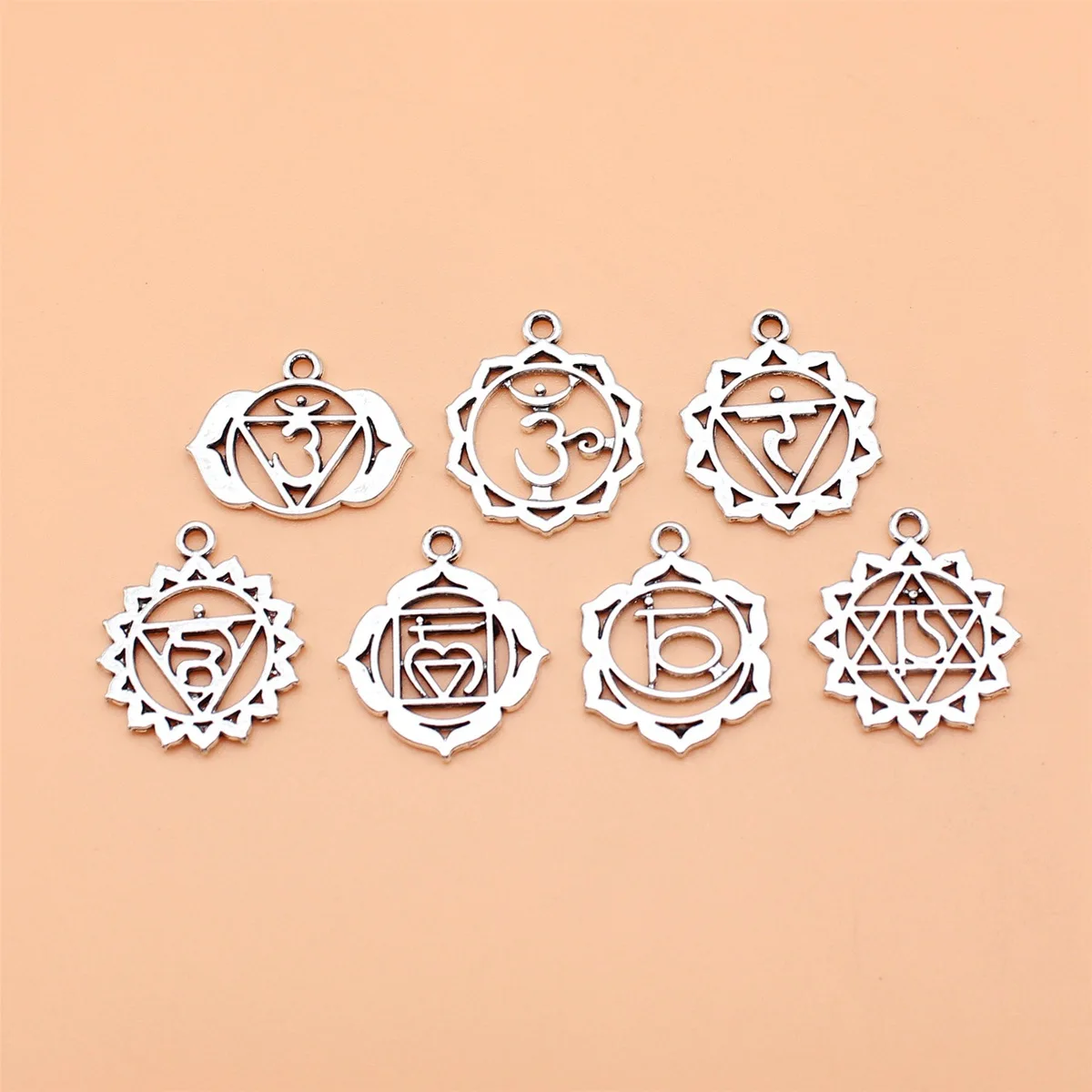 7pcs Antique Silver Color Chakra Pendant Charms Collection For DIY Jewelry Making, 7 Styles, 1 of Each