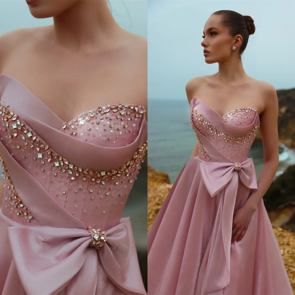 사용자 정의 럭셔리 핑크 새틴 이브닝 드레스 절묘한 Strapless 민소매 댄스 파티 드레스 기질 특별 행사 가운