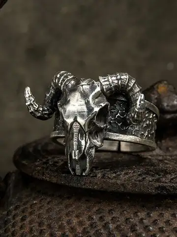 Vintage black goat open ring grams dark demon satanic niche exaggerated personality male finger ring