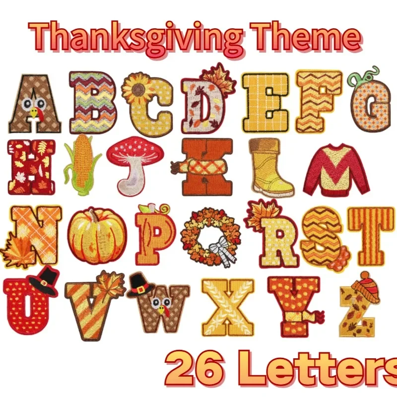 Thanksgiving Theme Embroidery Cloth Patches 26 English Letter Patch Pumpkin Autumn Harvest Embroidery Sticker