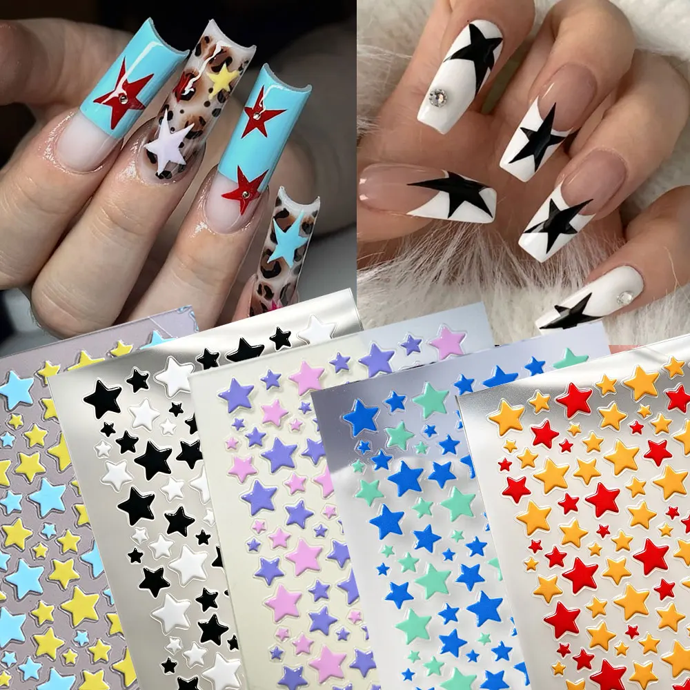 1pcs 5D Embossed Star Nail Stickers Colorful Multi-size Pentagram Nail Decals Y2K Trend DIY Manicure Nail Art Decorations