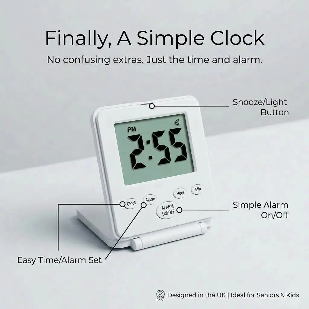 Digital Travel Alarm Clock - No Bells, No Whistles, Simple Basic Operation, Loud Alarm, Snooze, Small and Light,, Customized