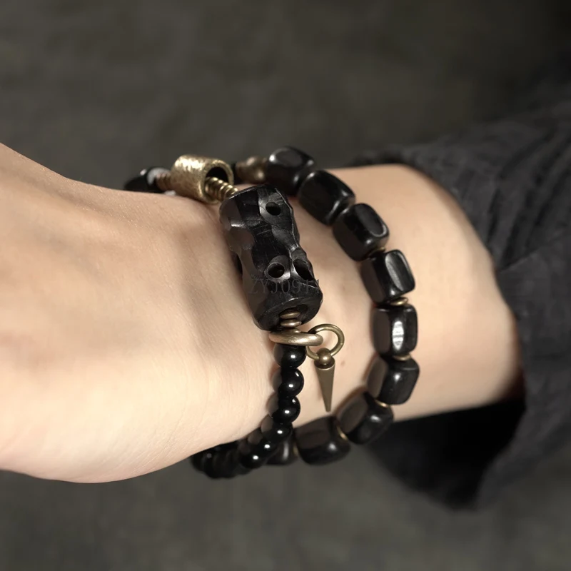 Pulseira artesanal de design de obsidiana de ébano personalidade feminina círculo duplo na moda legal pulseira retrô masculina