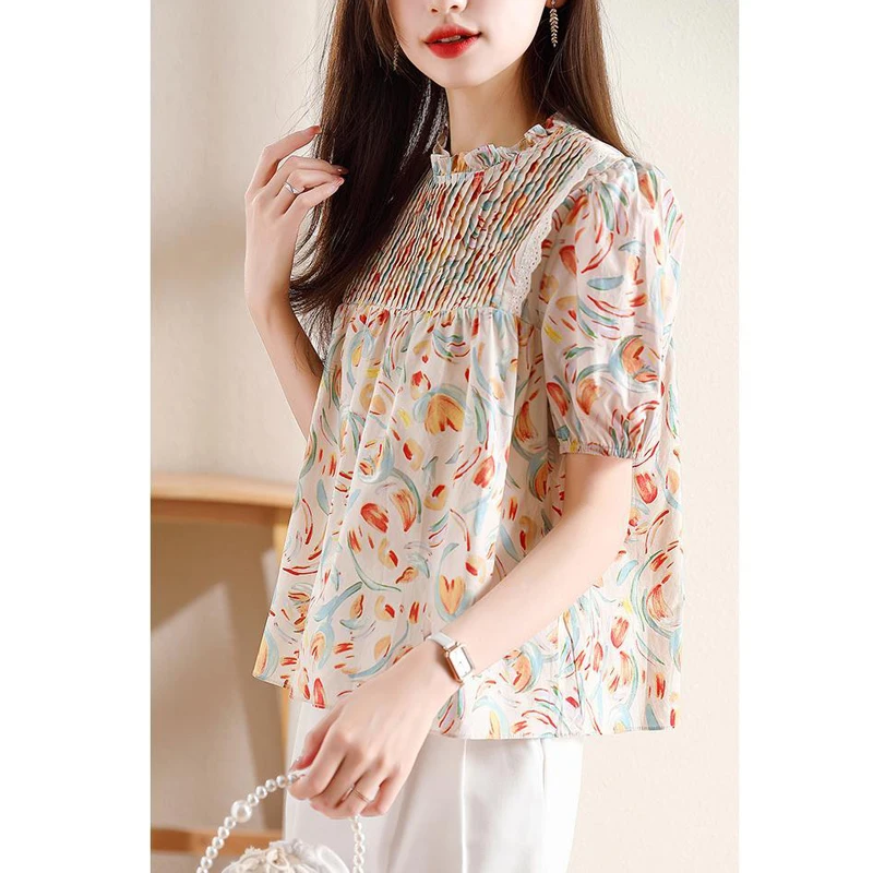 Women Stylish Print Ruffle Sweet Blouses Summer Elegant Chic Short Sleeve Shirts Casual O Neck Loose Tops Blusas Para Mujer 2024