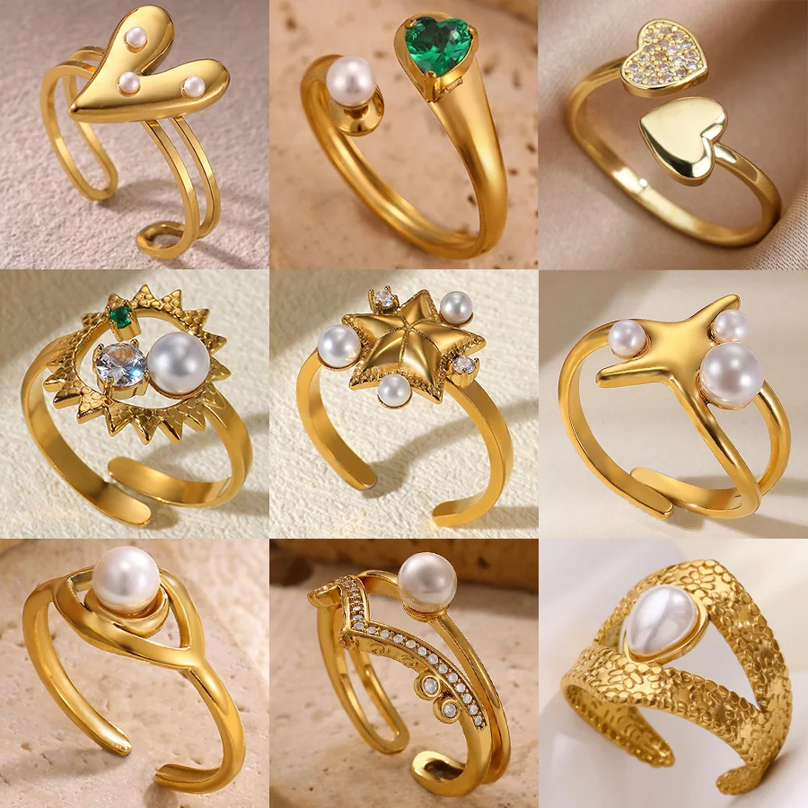 Exquisite Zirconia Imitation Pearl Rings for Women Vintage Gold Color Stainless Steel Open Finger Ring Simply Jewelry Gift