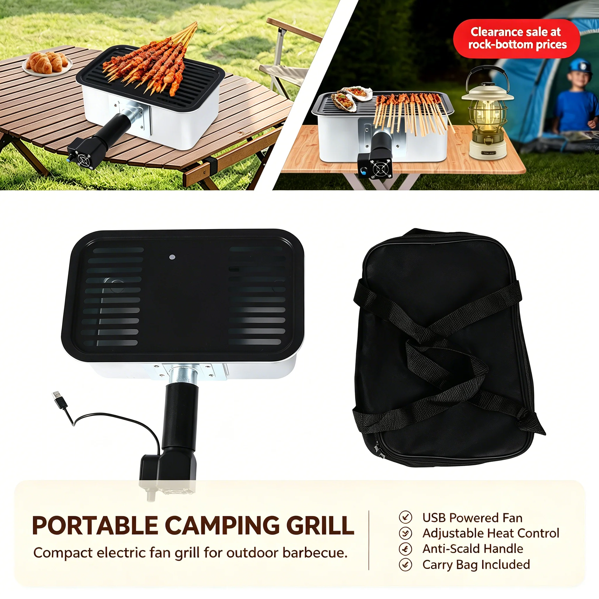 Clearance Sale Anti-scald Tabletop Grill Galvanized Steel BBQ Rack with Portable Carrying Bag for Hiking Beach Picnic Adjustable 2500-5500rpm Electric Fan USB Powered 0.8W Copper Wire Brushless Motor
