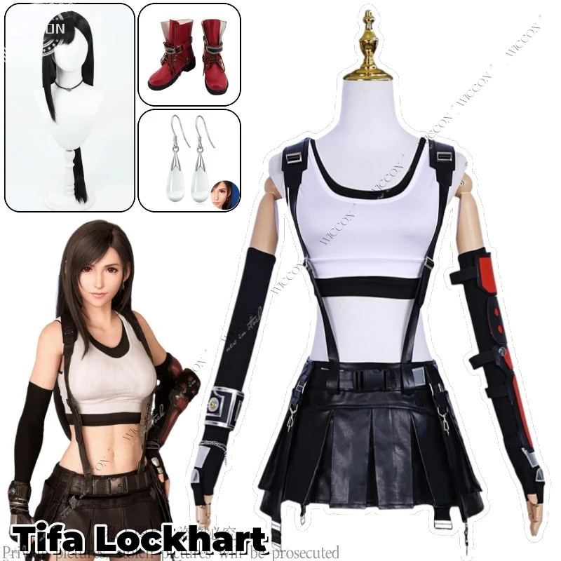 Tifa Lockhart Game Laatste Fantasie Pruiken Anime Kostuum Vermommen Volwassen Vrouwen Cosplay Roleplay Fantasia Outfits Oorbellen Tifa Party