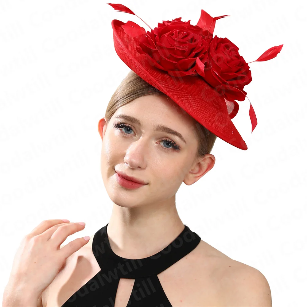 Red Flower Wedding Fascinator Hat Women Party Banquet Chapeau Cap With Headband Ladies Church Royal Hair Accessories Derby Hats