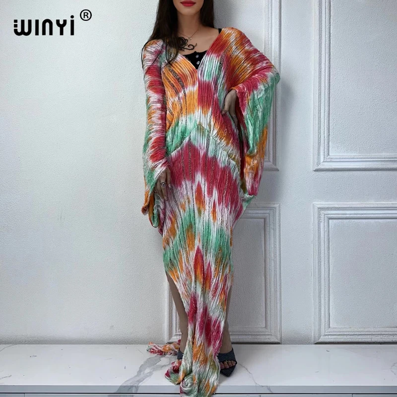 WINYI Original kaftan tie-dye summer v-neck Knitted hollow sexy beach cover up dress Elegant Floor-sweeping evening dress Women