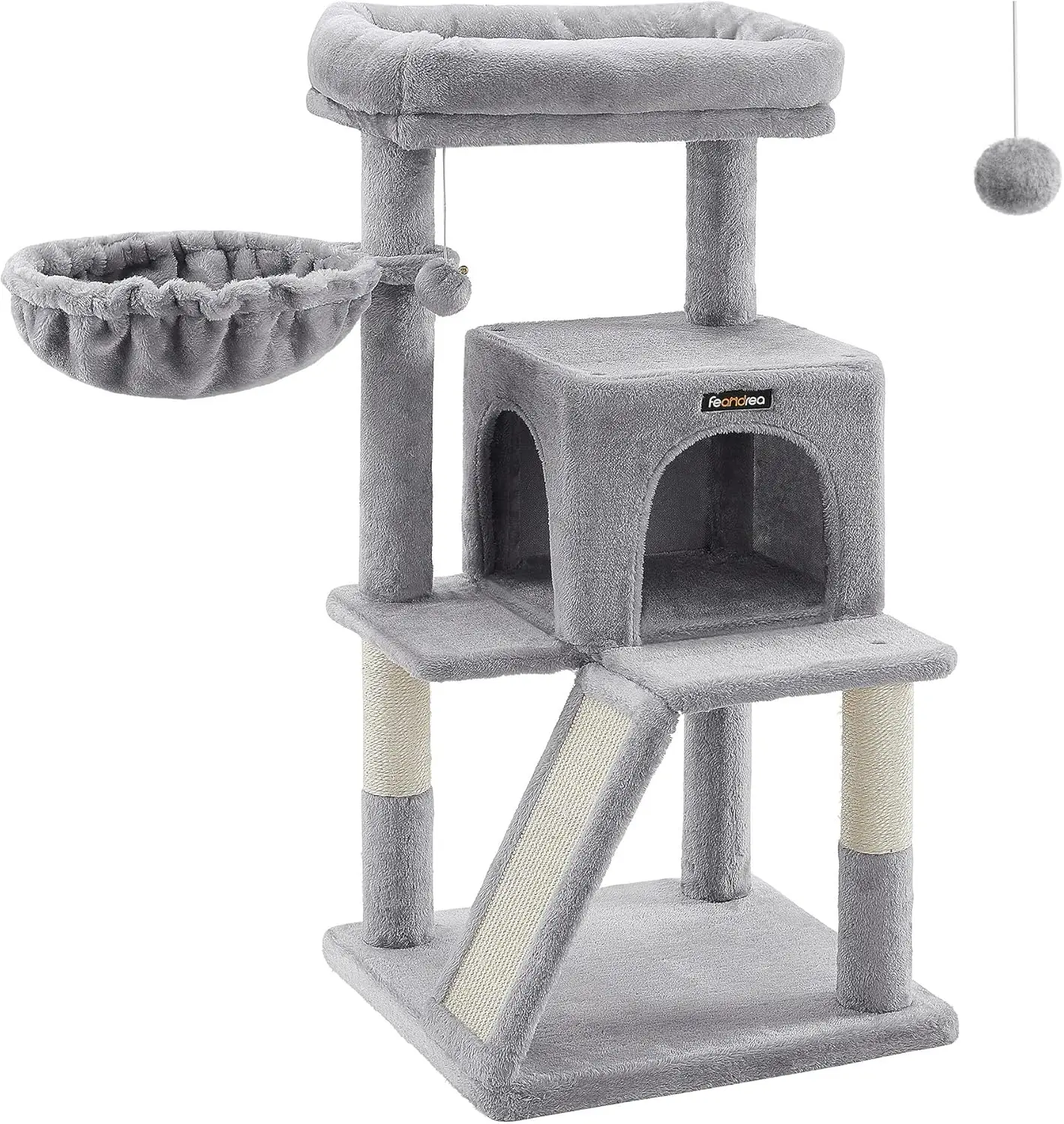 

Cat Tree, 37.8-Inch Cat Tower, Multi-Level Condo with Widened Perch, Scratching Posts and Ramp, 2-Door Cave, Hammock, Light