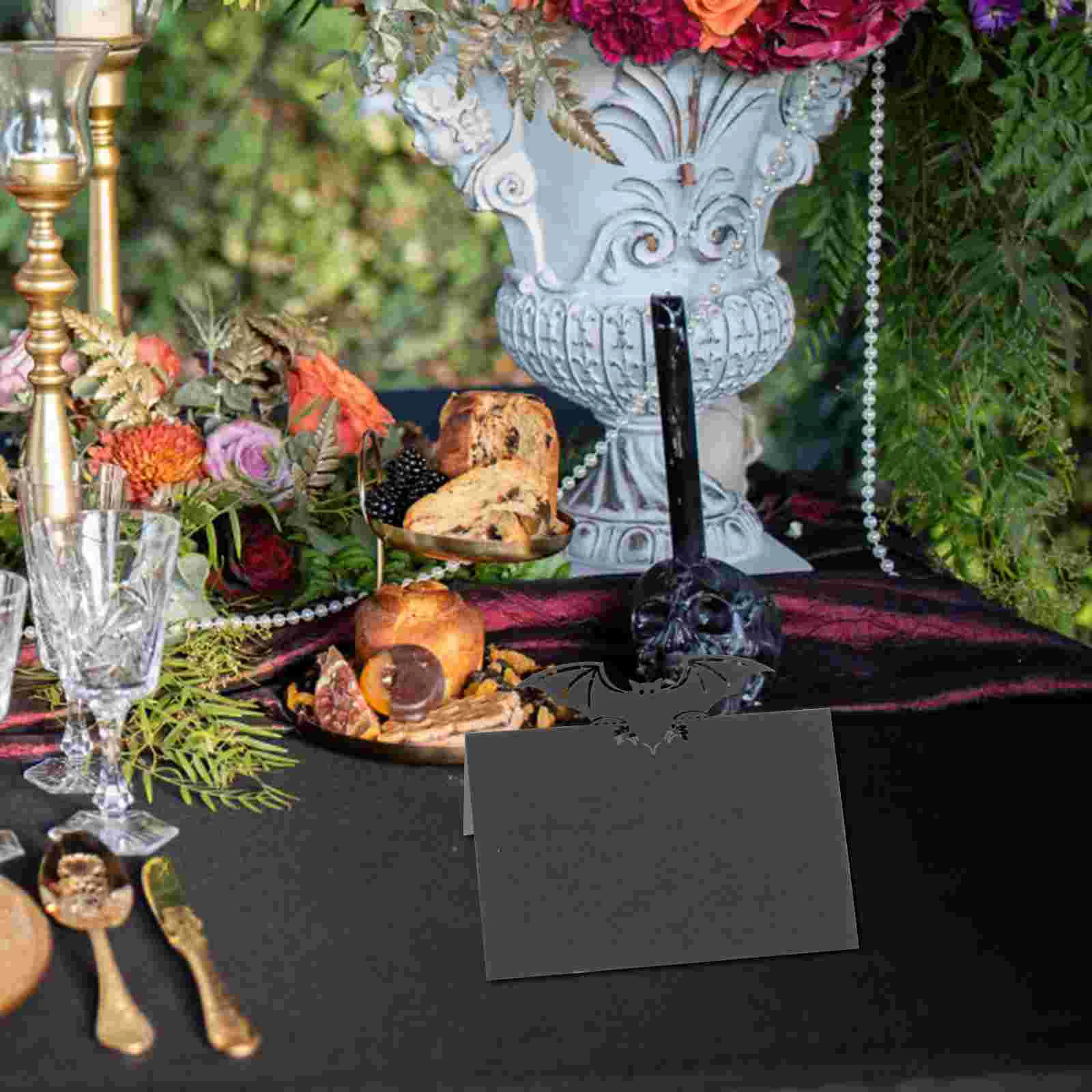 Decoração de mesa para festa de Halloween, cartão de assento, assentos de morcego preto para casamento