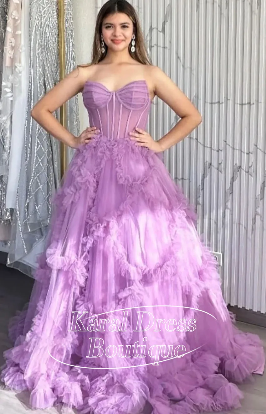 

Saudi Elegant Purple Evening Dresses Strapless Sleeveless Customiaed 3D Flowers Special Occasions For Party Gown فساتين