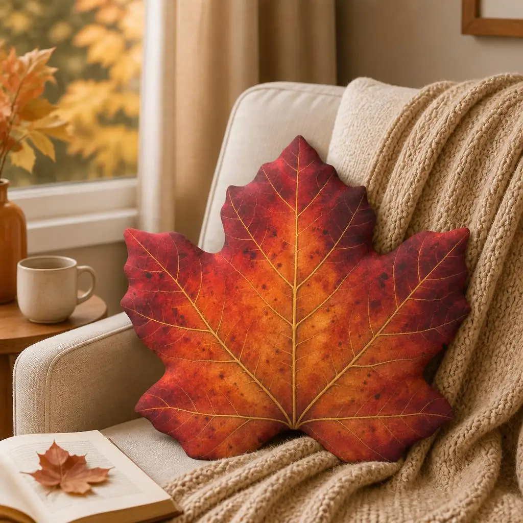 Autumn Maple Leaf Shaped Throw Pillow Fall Foliage Cushion Thanksgiving Harvest Decor Stuffed Plush Sofa Accent Gift for Home