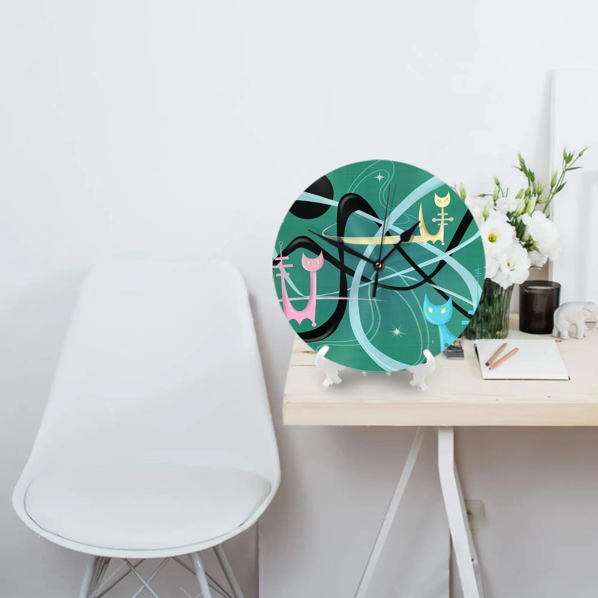 Atomic Rocket Cats In Space Wall Clock Room Decoration Silent Round Clock for Bedroom Living Kitchen Home