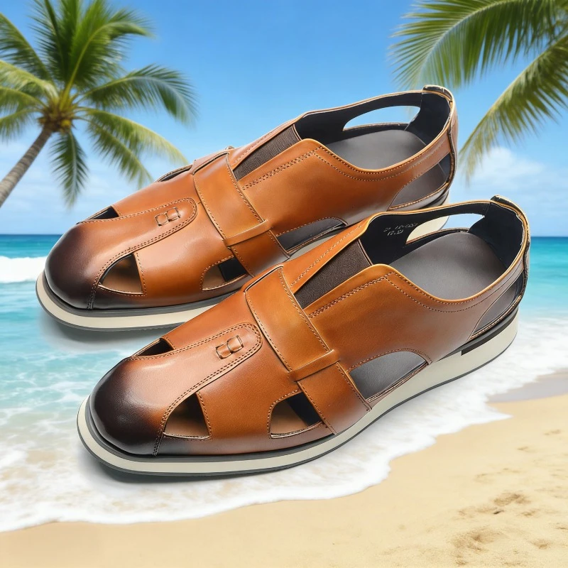 

Luxury Brand Men's Genuine Leather Closed Toe Sandals Breathable Cut-Out Design Non-Slip Sole Business Casual Shoes for Summer