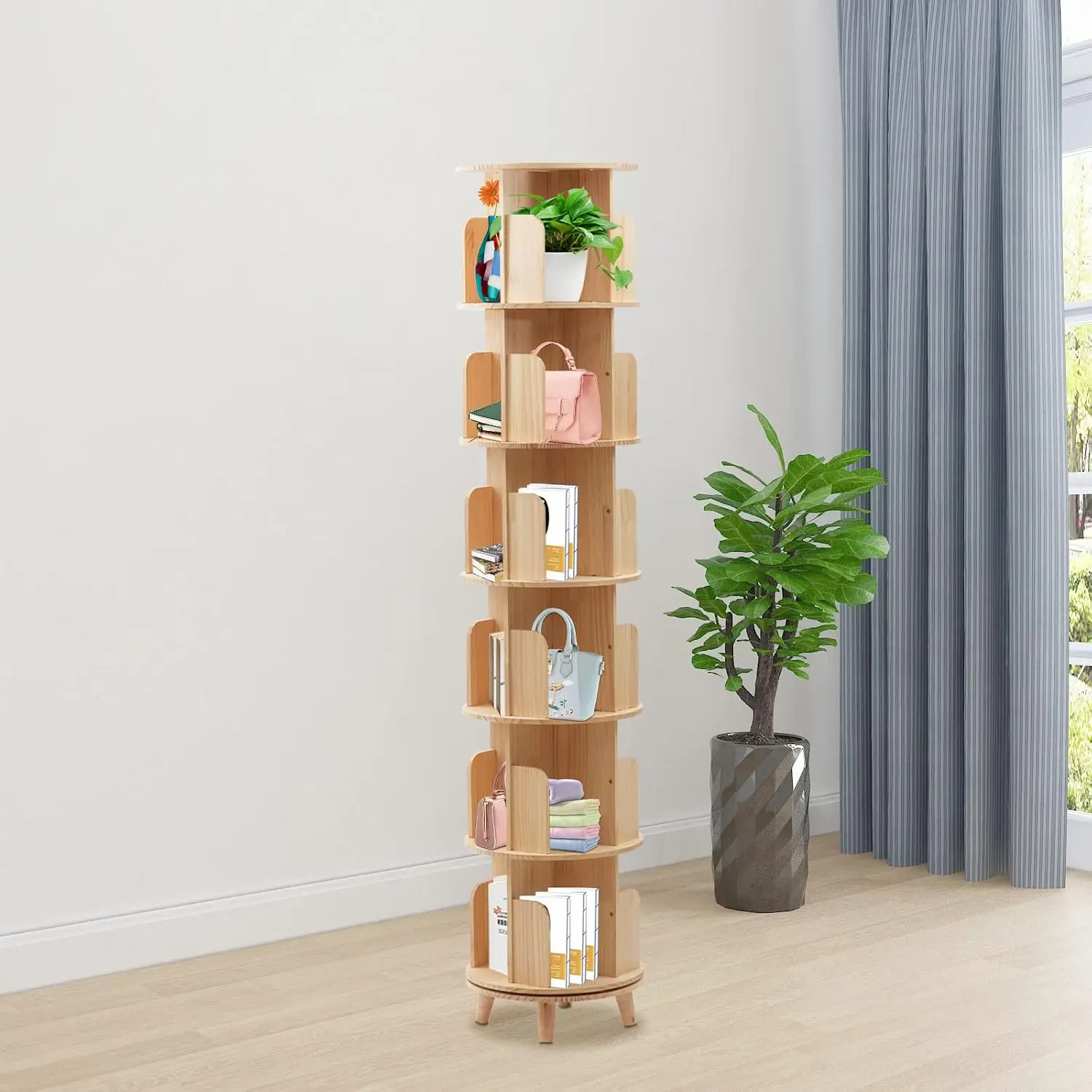 76'' Tall 6 Tiers Rotating Solid Wood Bookshelf Organizer, Spinning Revolving Bookcase for Home Office Study Room, Customized