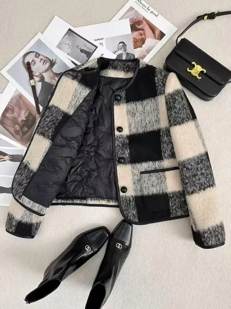 Dicker, kleiner, duftender Stil, Jacke für Damen, neuer kariertes Woll-Kurzmantel, Herbst-Winter, Damenjacke mit einreihiger Knopfleiste, junger Hals, Jacken – Detail 7
