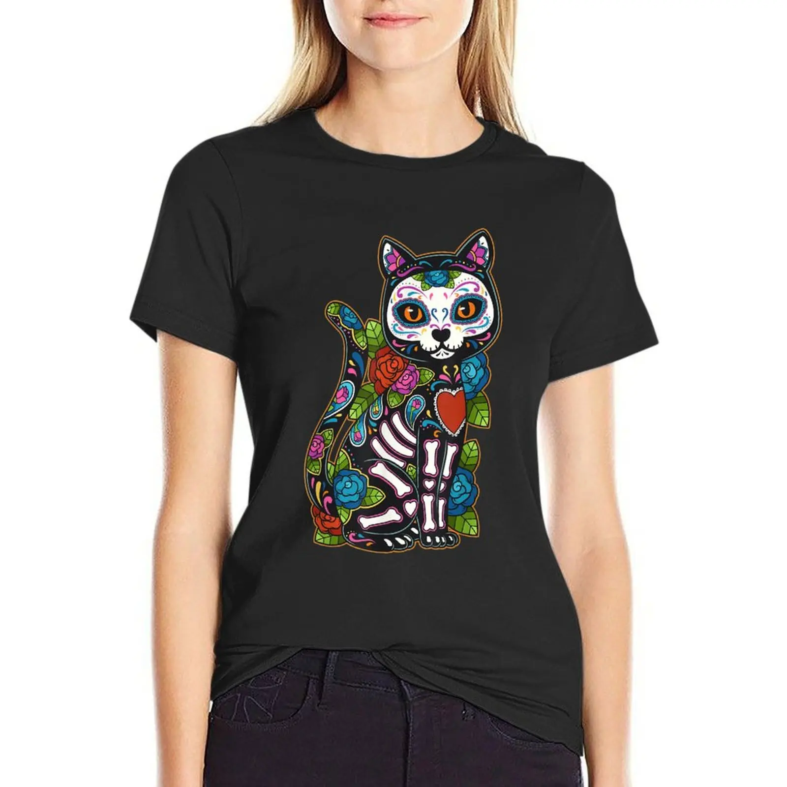 Cat Sugar Skull Mexico Calavera Dia De Los Muertos Halloween T-Shirt oversized graphics funny t shirts for Women