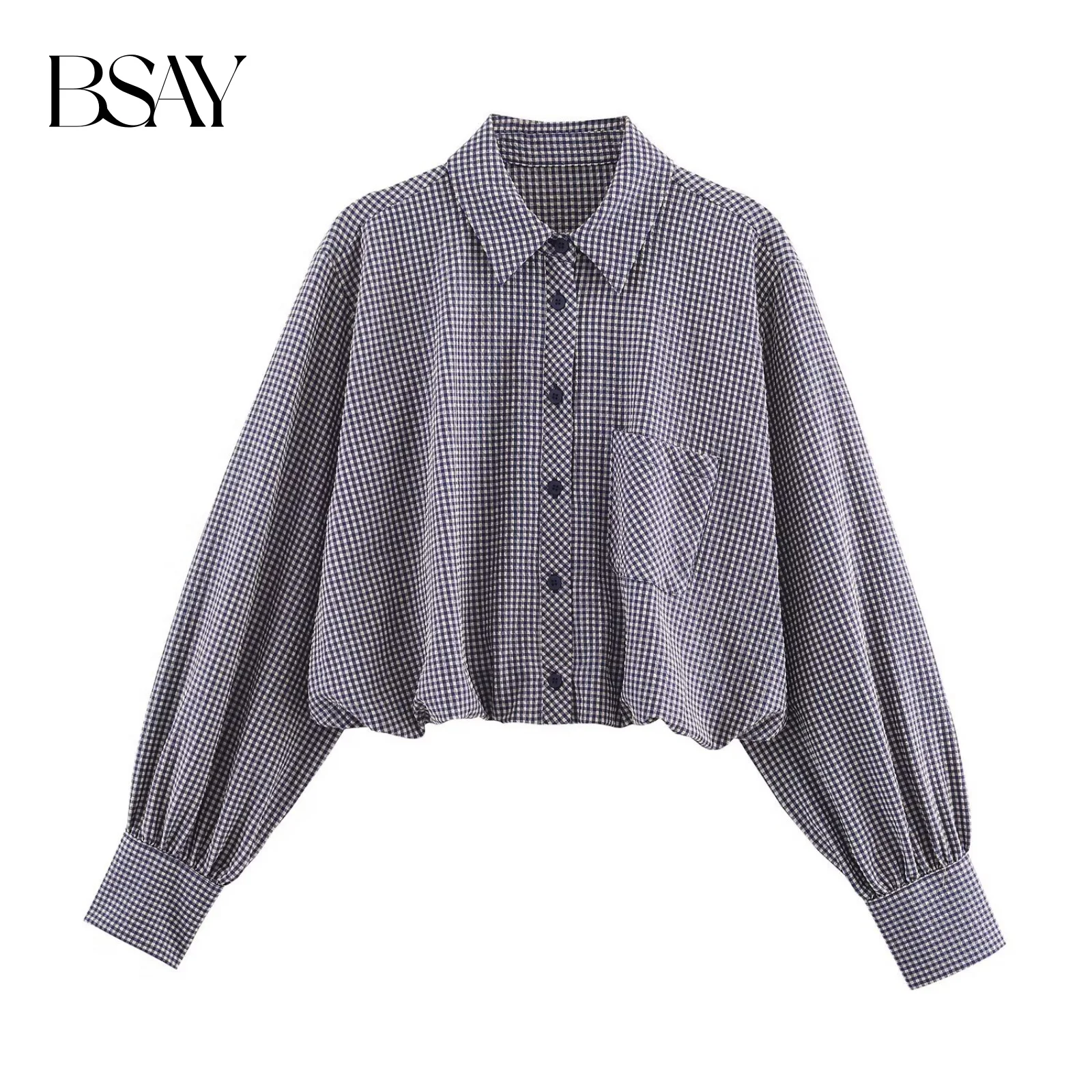 

BSAY Balloon Style Plaid Shirt for Women Fashion Autumn Winter New Pocket Long Sleeves Single Breasted Blouse Chic Ladies Top