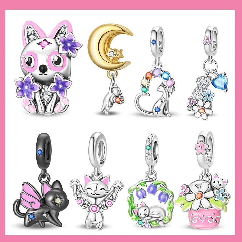 

Orange Pet Series Beads Pink Flowerpot Jump Rope Kitten Charm Bracelet Fit 925 Silver Women's Necklace DIY Jewelry Gift
