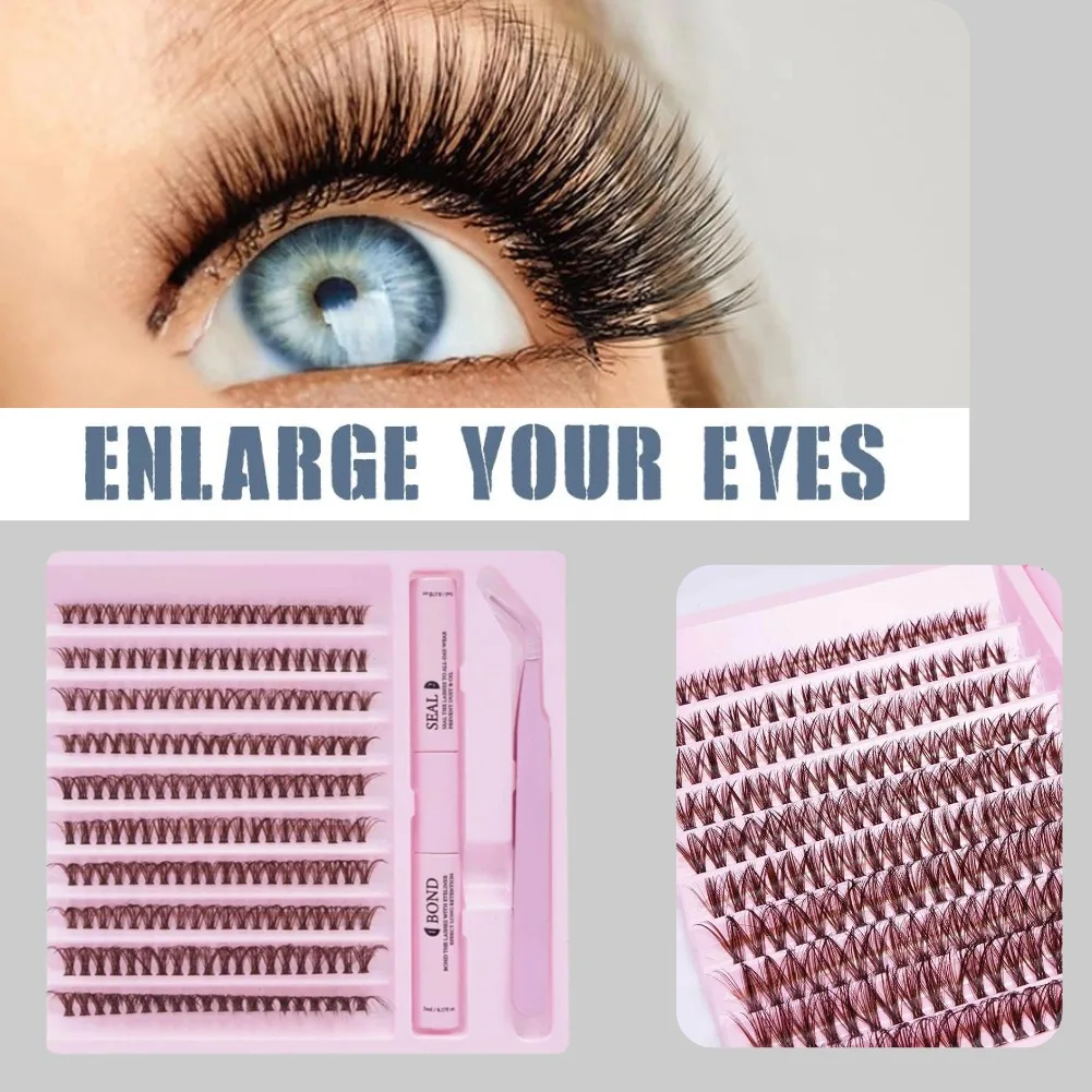 DIY Caramel Brown Volume Cluster Lash Kit,DIY Eyelash Extensions False Lashes with Glue and Tweezers for Stage Makeup&Eye Makeup