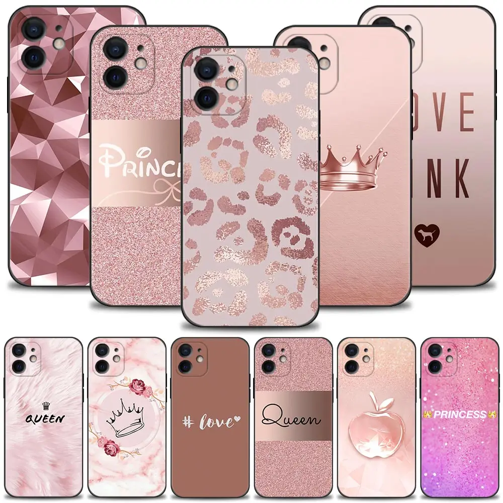 Capa de Silicone para iPhone 15, 14, 13, 12, 11 Pro Max, 15Plus, 14Plus, 13Mini, XS, XR, Capa de Telefone Princesa Rainha, Rosa Dourada, Rosa, Rosa, X, 7, 8