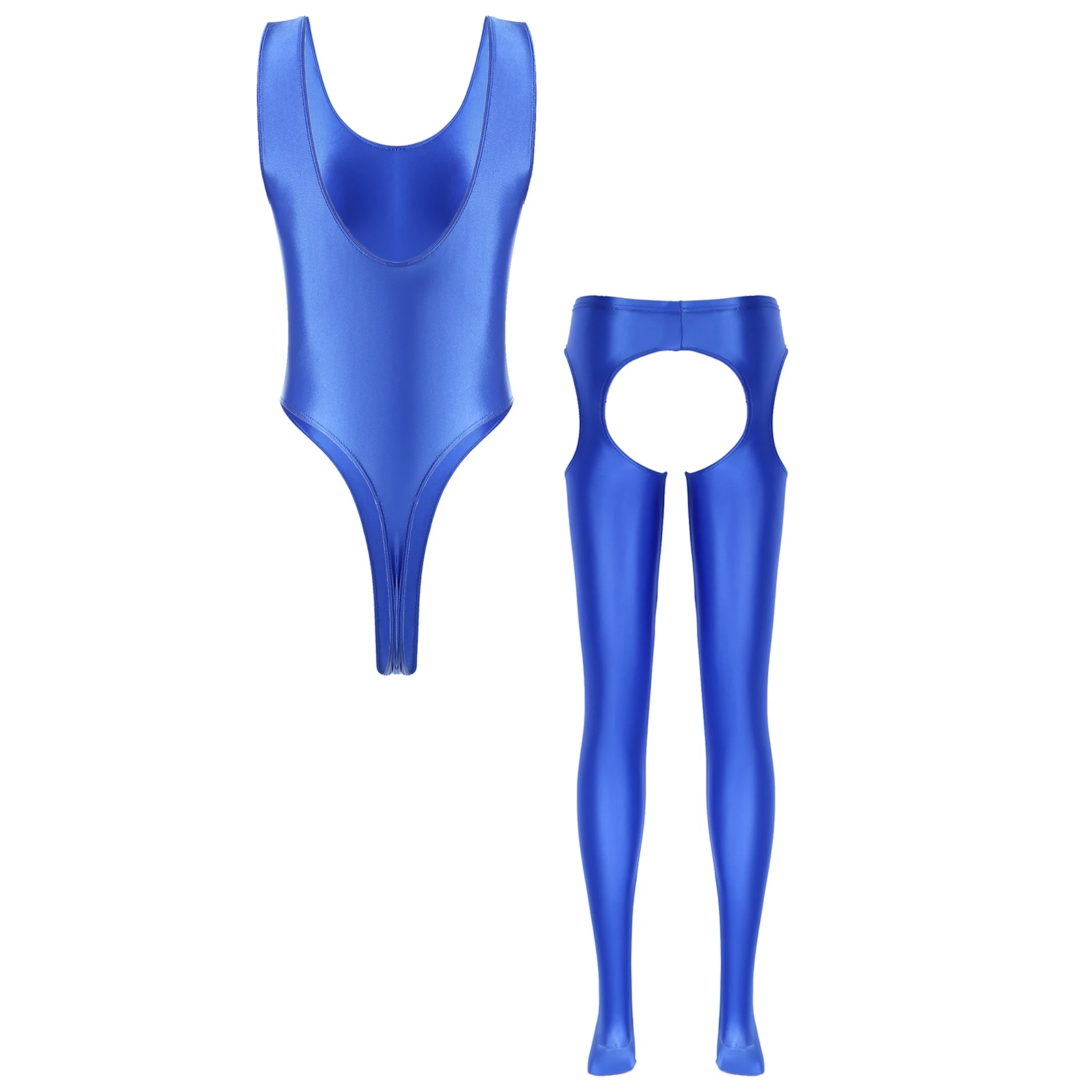 2PCS Womens Glossy Swimwear Sex High Cut Backless Sleeveless Bodysuit with Cutout Crotchless Pantyhose Mid Waist Tights Leggings image 5
