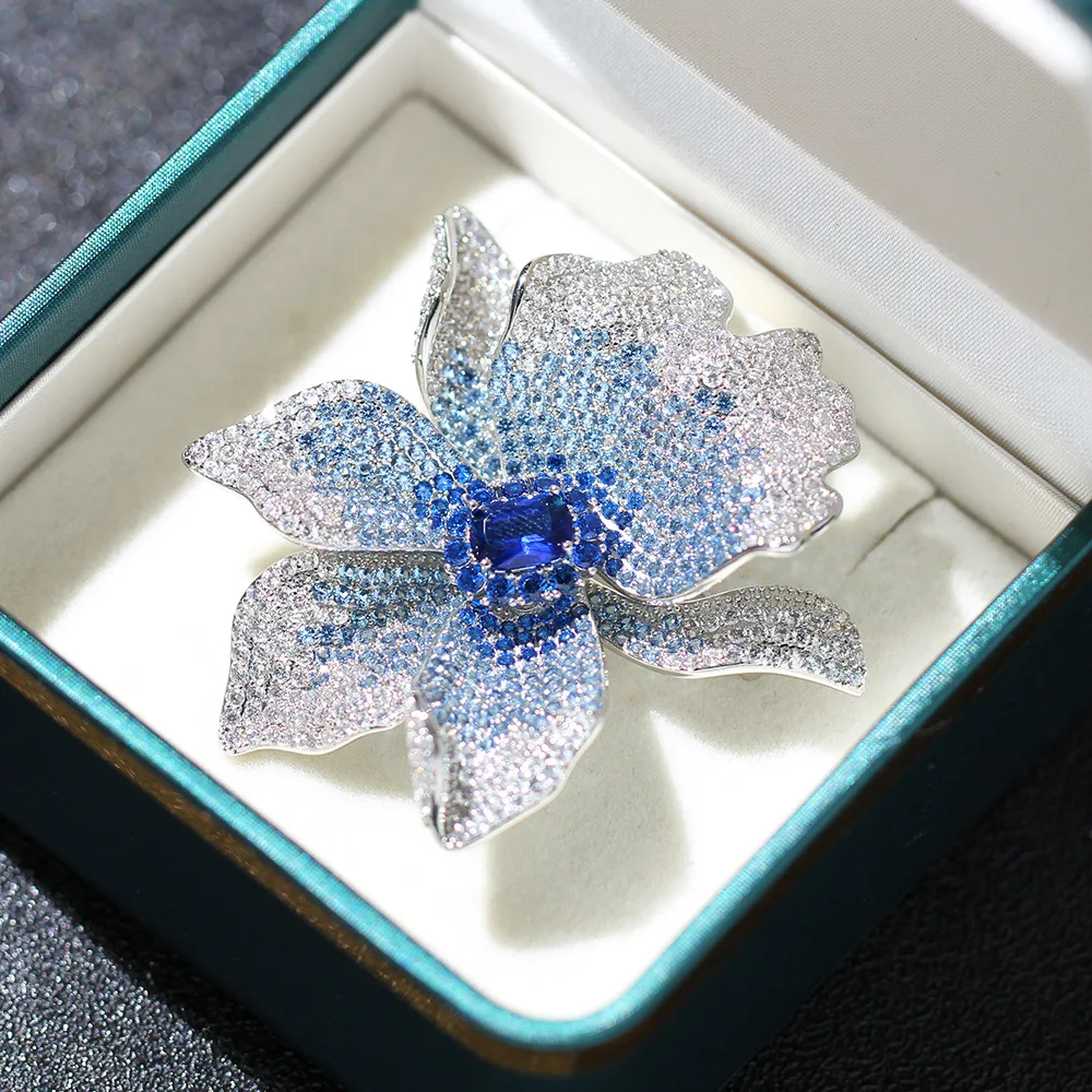 Light Luxury High-end Micro Inlaid Zircon Blue Flower Brooch for Women Grand Elegant Corsage Coat Accessories Pin Holiday Gift