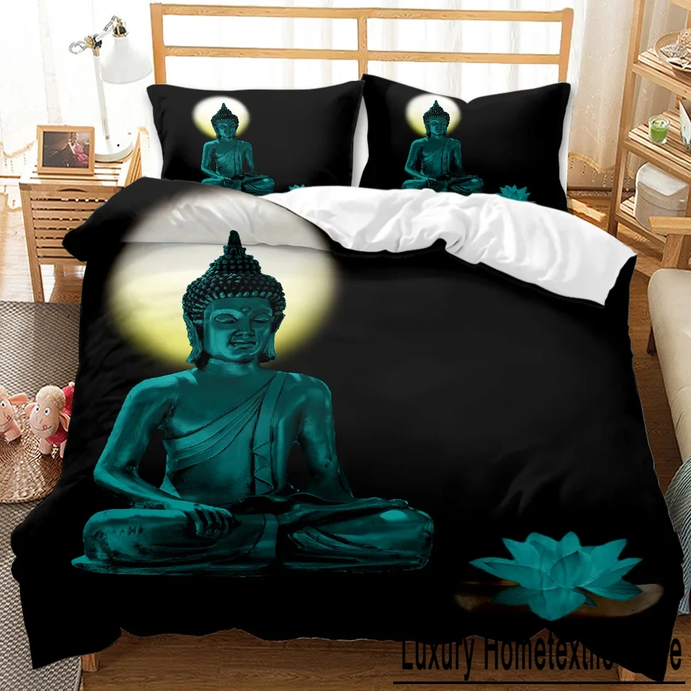 Buddha Statue Duvet Cover Set King/Queen Size,Exotic Golden Buddha Lotus Flowers Comforter Cover Adults Polyester Bedding Set