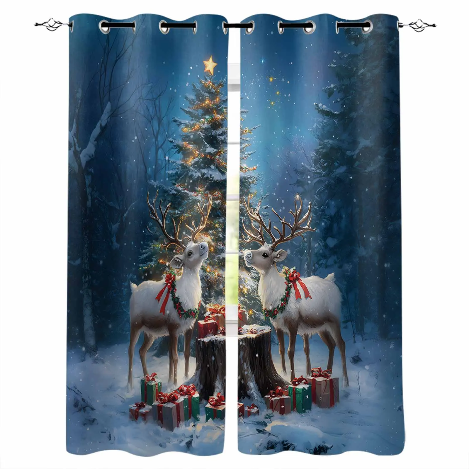 

Christmas Tree Reindeer Forest Gifts Curtains for Living Room Bedroom Decorative Window Treatment Drapes Kitchen Curtains